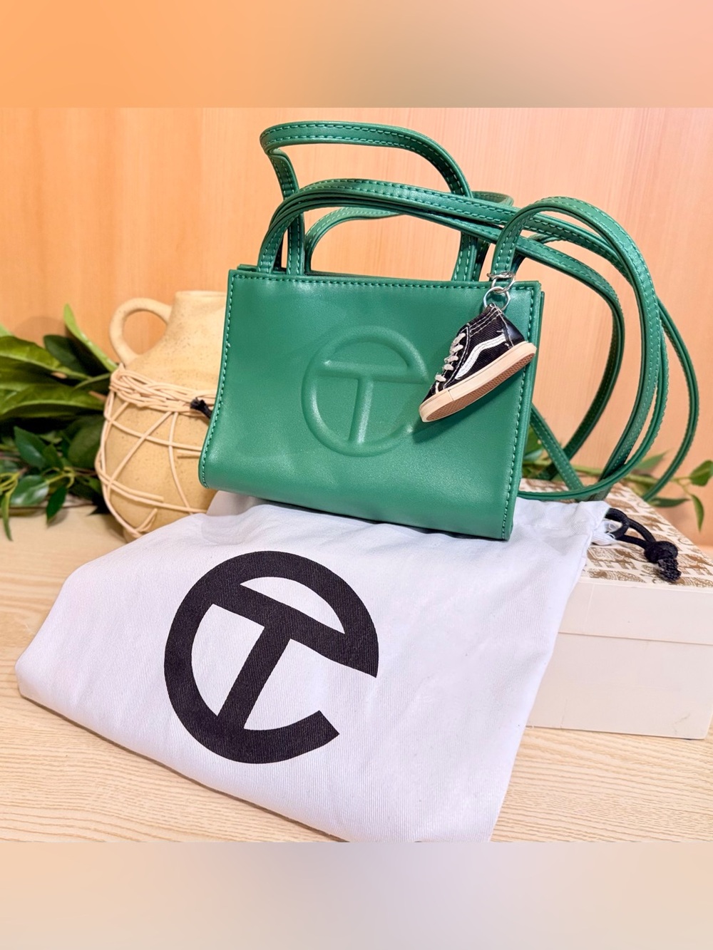 Telfar Small Shopping Bag in Green with Sneaker Keychain & Dust Bag